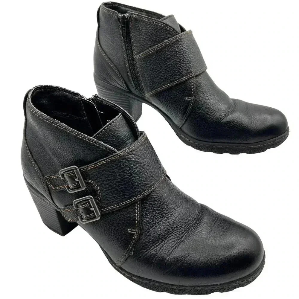 BOC Born Concept Womens10 Brown Pebbled Leather Double Buckle Heeled Zip Bootie